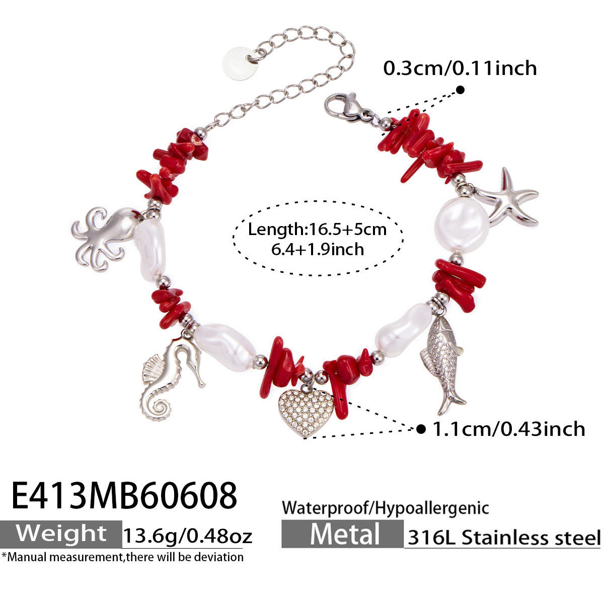 E413 steel ocean charm bracelet size card showing 16.5 plus 5cm length and marine charm details