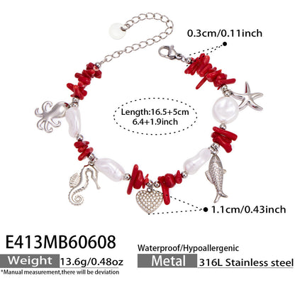 E413 steel ocean charm bracelet size card showing 16.5 plus 5cm length and marine charm details