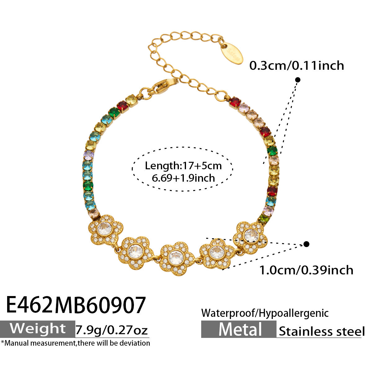 E462 multicolor zircon gold bracelet size details