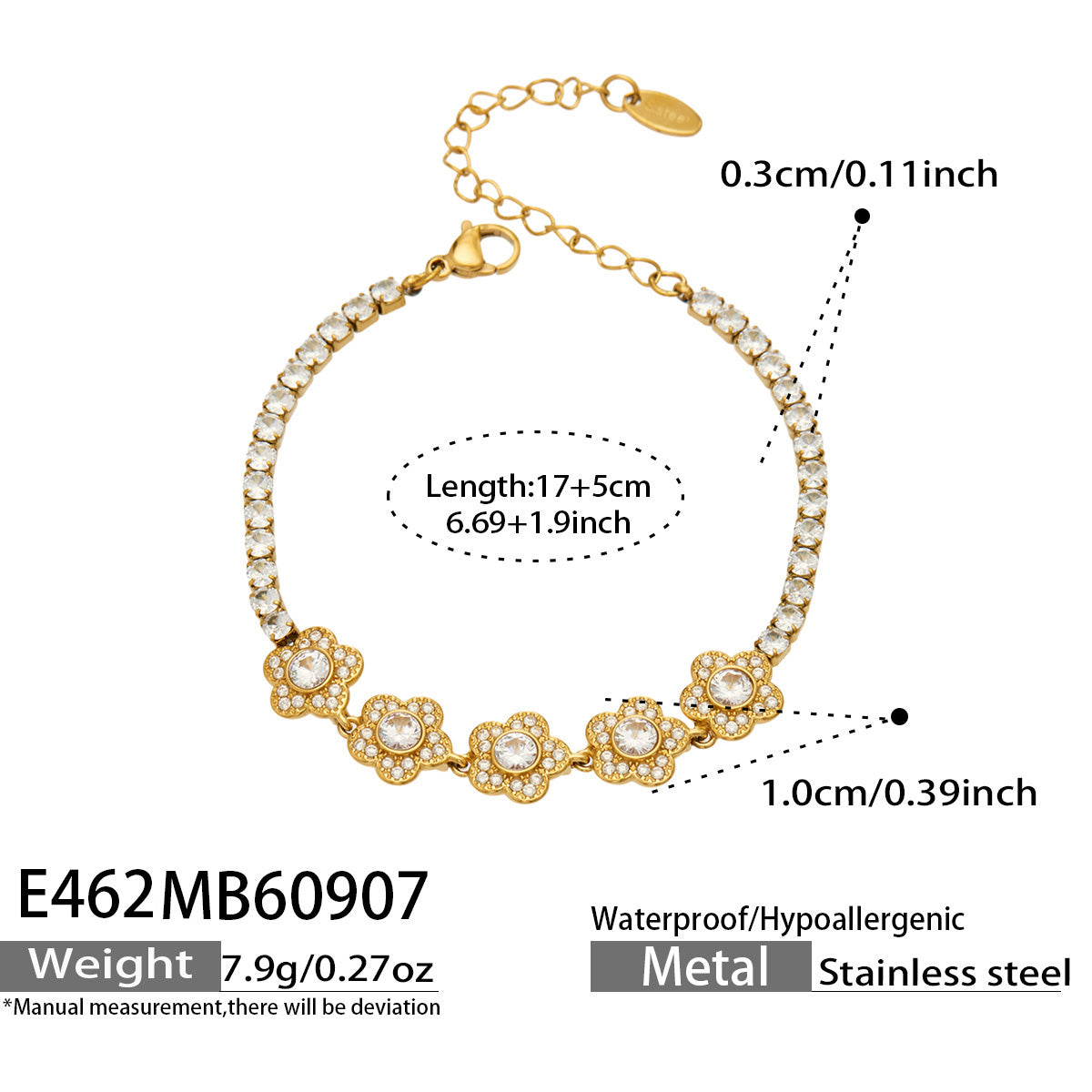 E462 white zircon gold bracelet size details