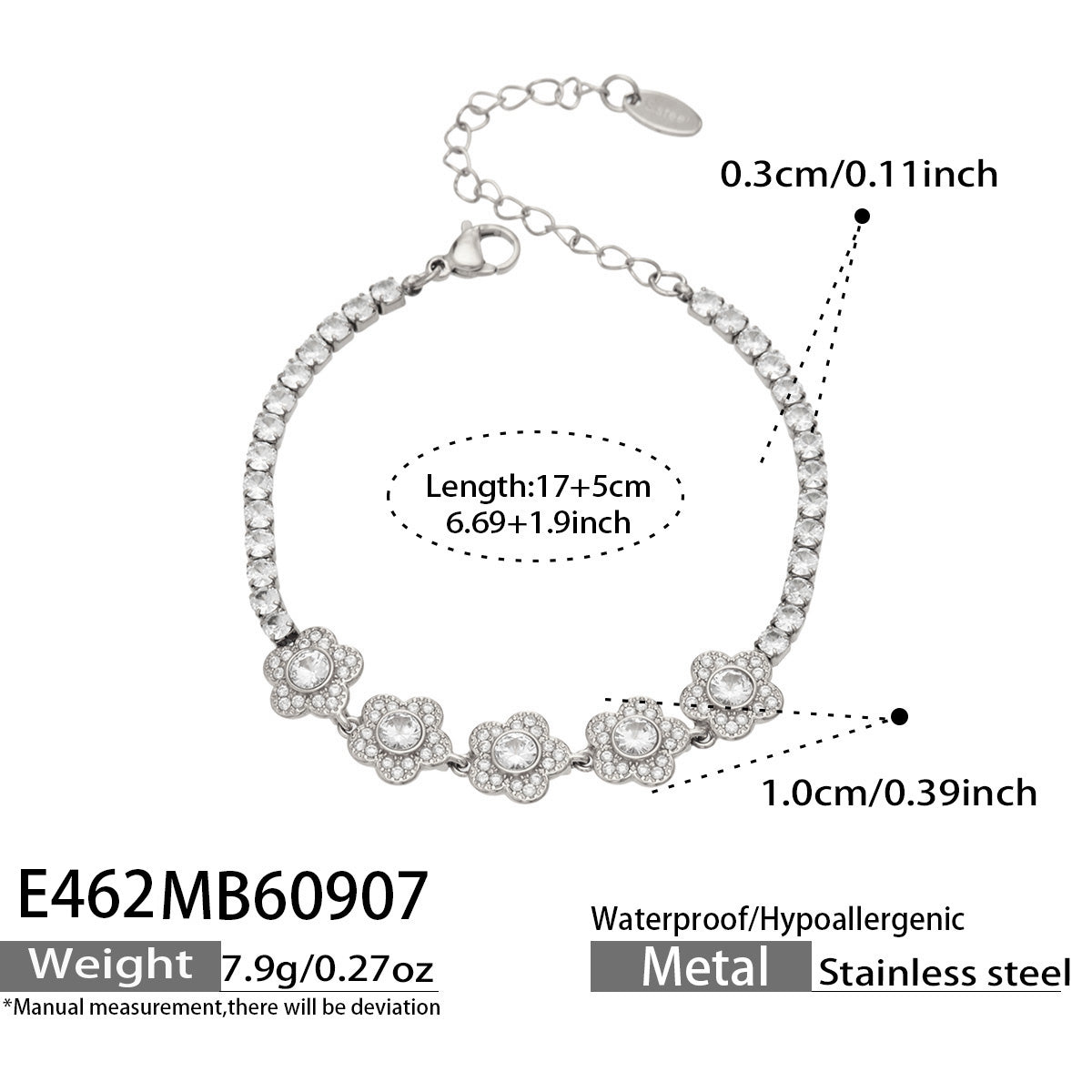 E462 white zircon steel bracelet size details