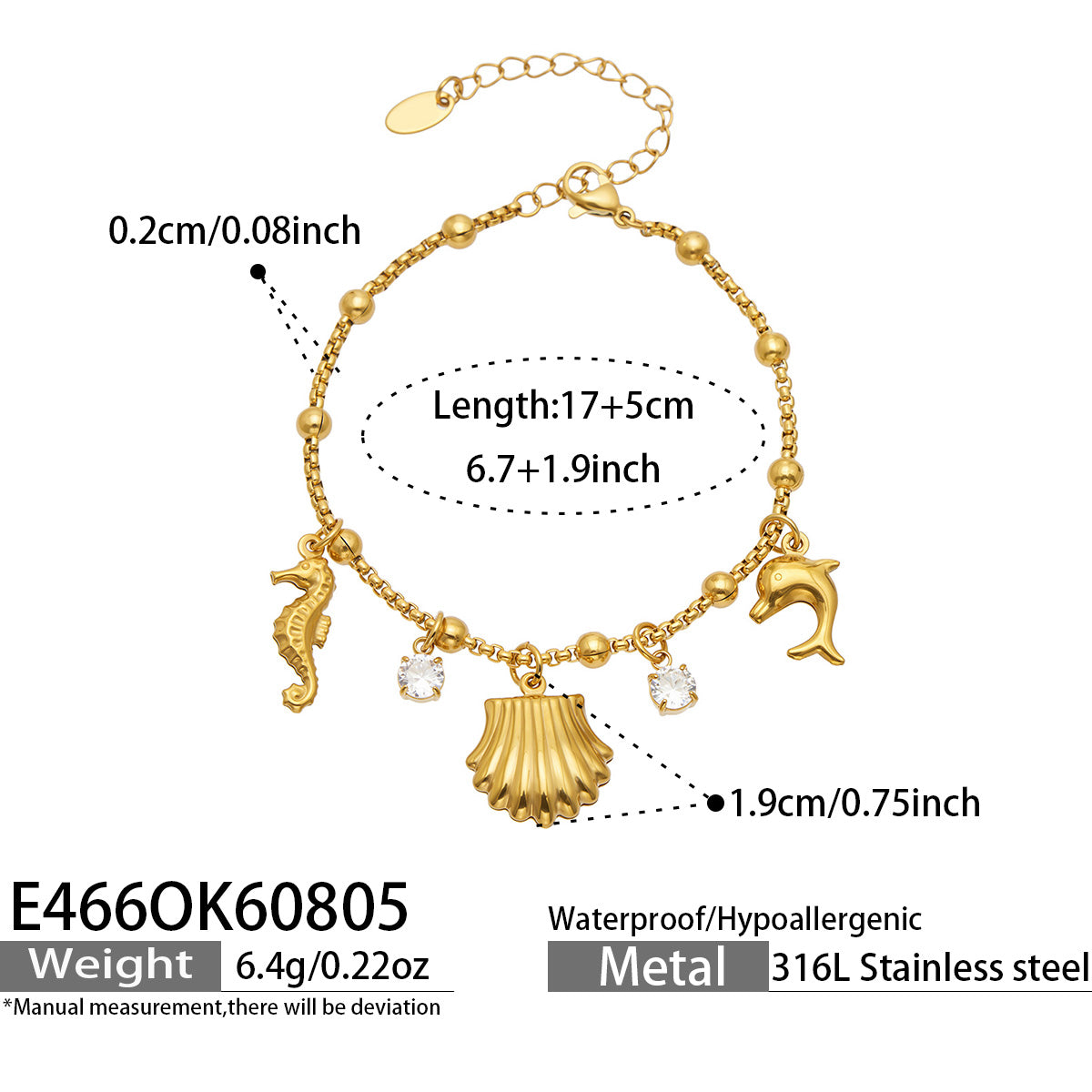 E466 gold ocean charm bracelet product specifications and sea-life charm details
