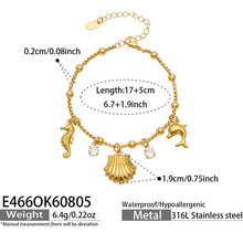 E466 gold ocean charm bracelet product specifications and sea-life charm details