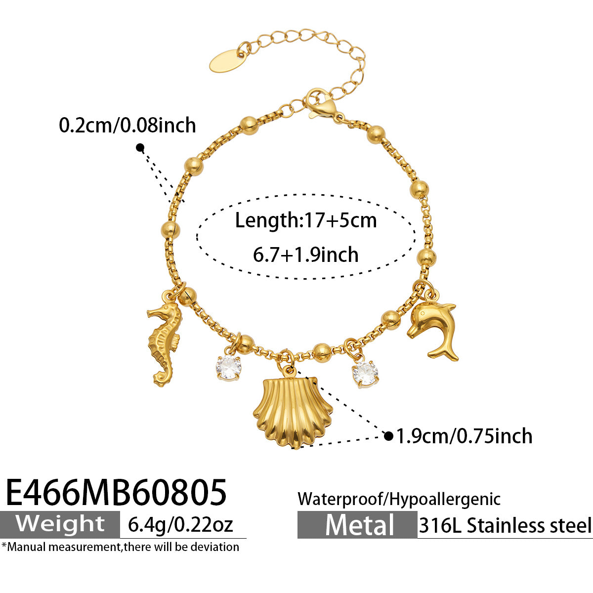 E466 ocean charm cubic zirconia bracelet size and measurement guide