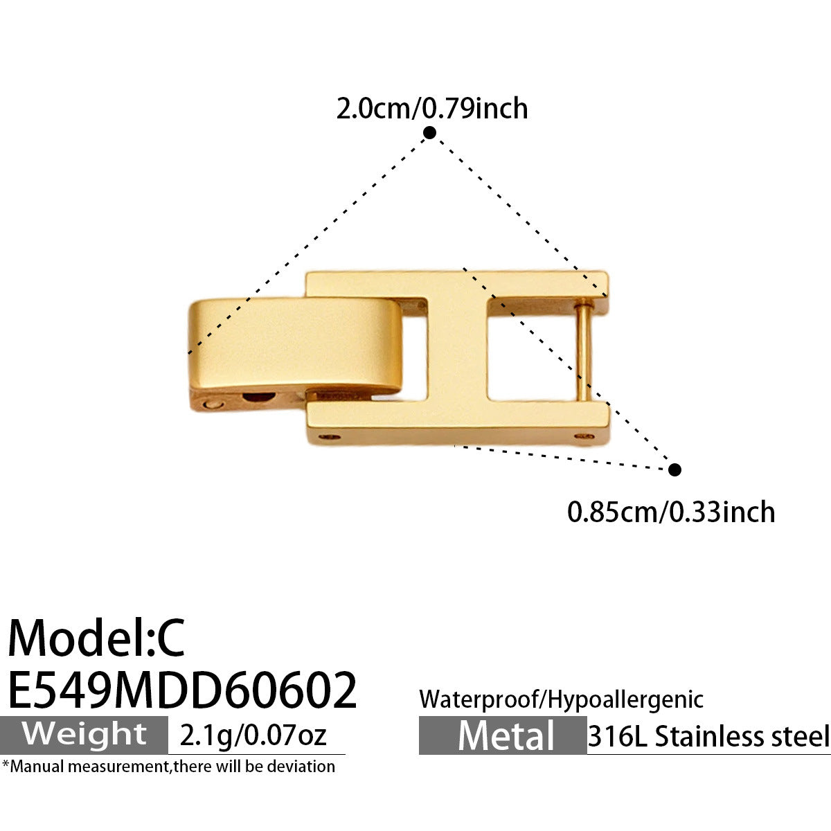 E549 gold bracelet clasp size card showing 2.0cm buckle size for 316L stainless steel tennis bracelet