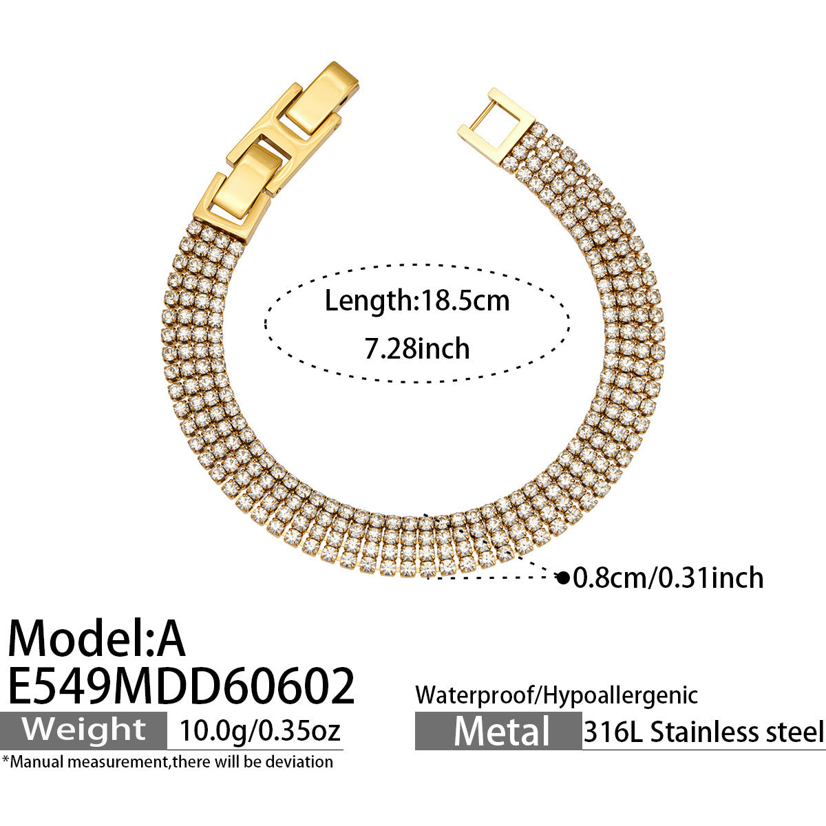 E549 Model A gold CZ tennis bracelet size card showing 18.5cm length, 0.8cm width and 316L stainless steel material