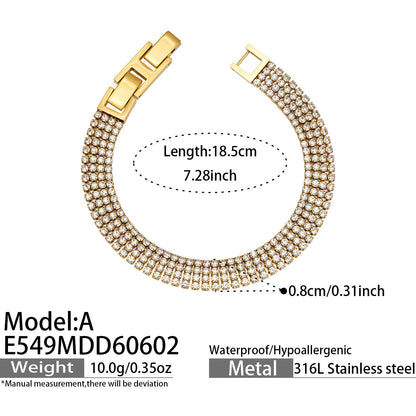 E549 Model A gold CZ tennis bracelet size card showing 18.5cm length, 0.8cm width and 316L stainless steel material