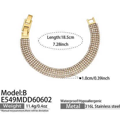 E549 Model B gold CZ tennis bracelet size card with 18.5cm length, 1.0cm width and waterproof 316L stainless steel base