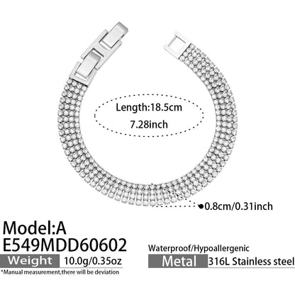 E549 Model A steel CZ tennis bracelet size card showing 18.5cm length, 0.8cm width and 316L stainless steel material