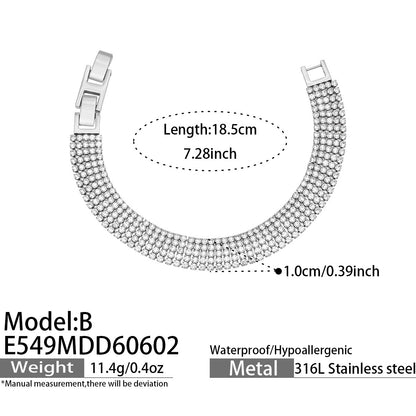 E549 Model B steel CZ tennis bracelet size card showing 18.5cm length, 1.0cm width and 316L stainless steel material