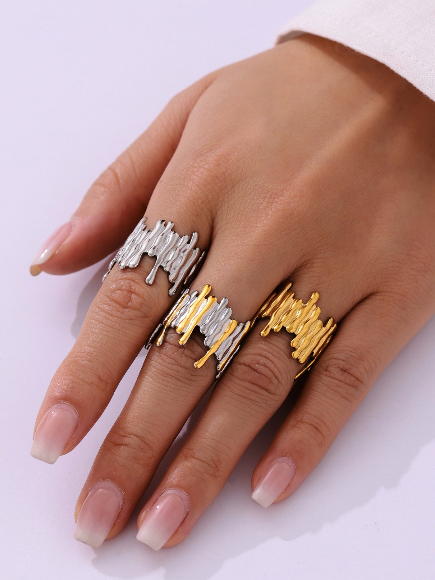316L Stainless Steel Mixed Metal Irregular Geometric Open Ring | Melted Lava Statement Jewelry