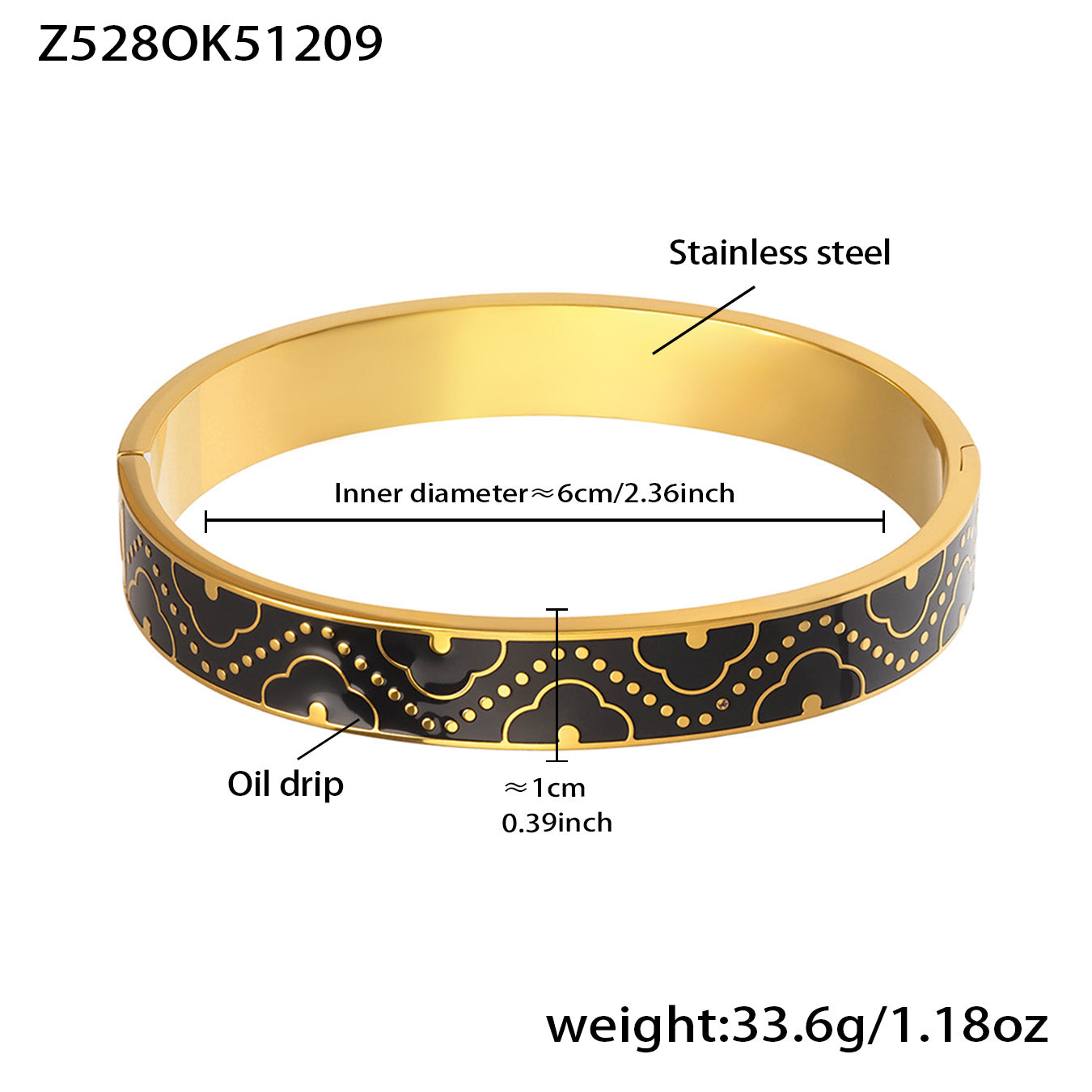 18K real gold plated stainless steel enamel glaze oil-drip bangle (Z5280K51209), inner diameter 6cm, weight 33.6g, black intricate pattern