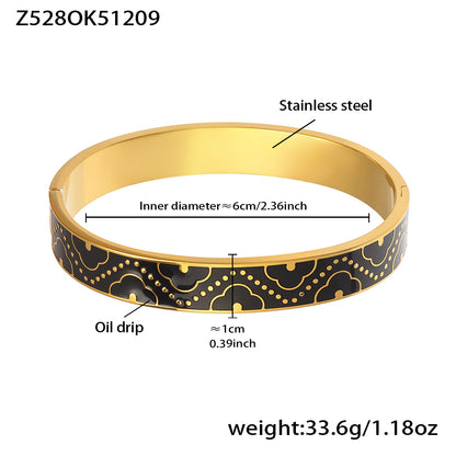 18K real gold plated stainless steel enamel glaze oil-drip bangle (Z5280K51209), inner diameter 6cm, weight 33.6g, black intricate pattern