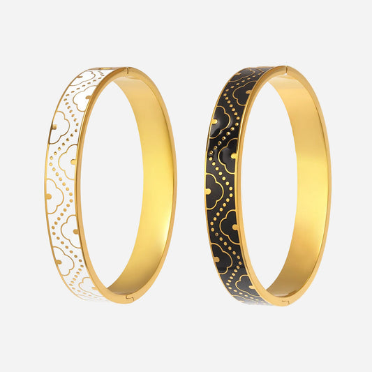 18K real gold plated stainless steel enamel glaze oil-drip bangle set, white and black color-block intricate pattern design