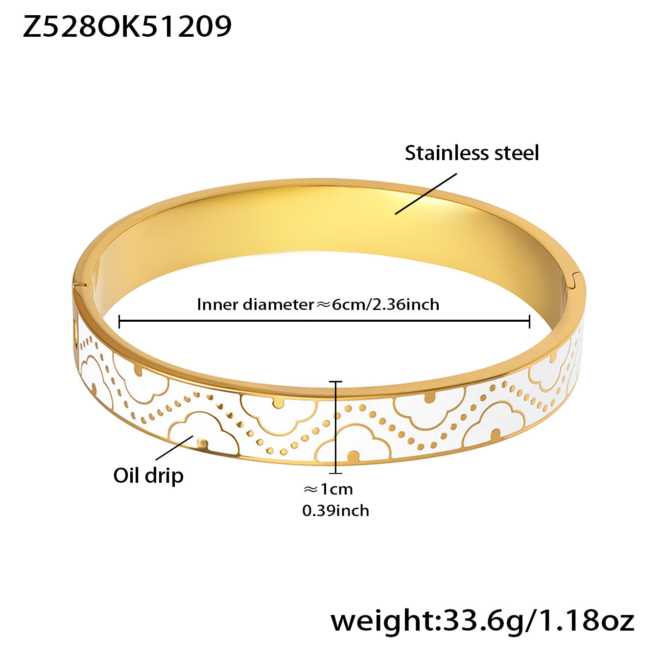 18K real gold plated stainless steel enamel glaze oil-drip bangle (Z5280K51209), inner diameter 6cm, weight 33.6g, white intricate pattern