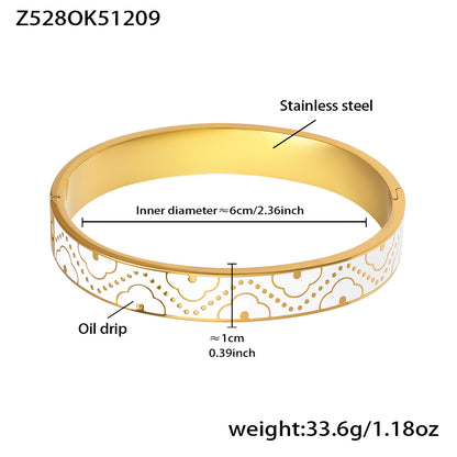 18K real gold plated stainless steel enamel glaze oil-drip bangle (Z5280K51209), inner diameter 6cm, weight 33.6g, white intricate pattern