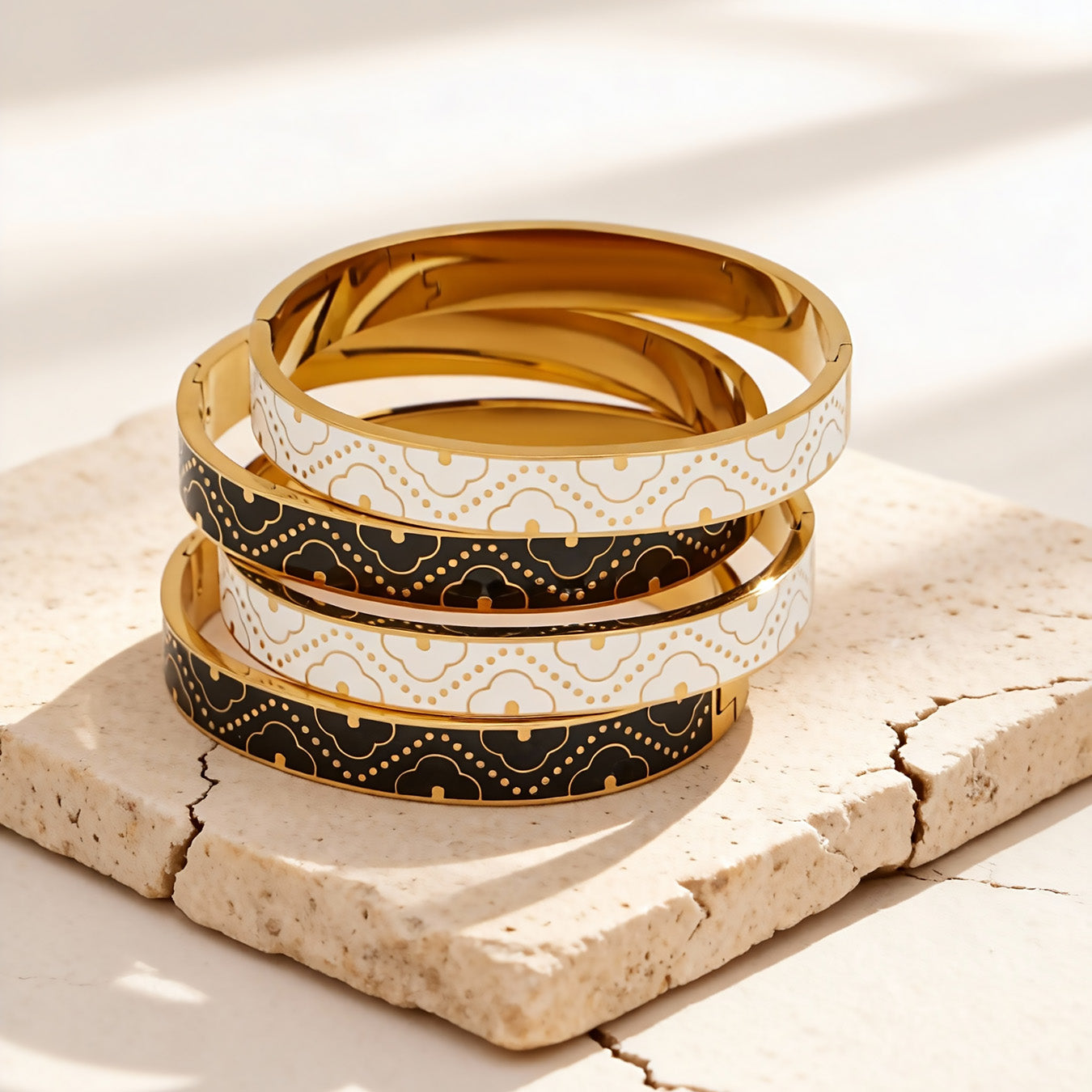 18K real gold plated stainless steel enamel glaze oil-drip bangle stack with intricate pattern color-block design