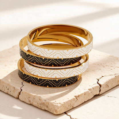 18K real gold plated stainless steel enamel glaze oil-drip bangle stack with intricate pattern color-block design