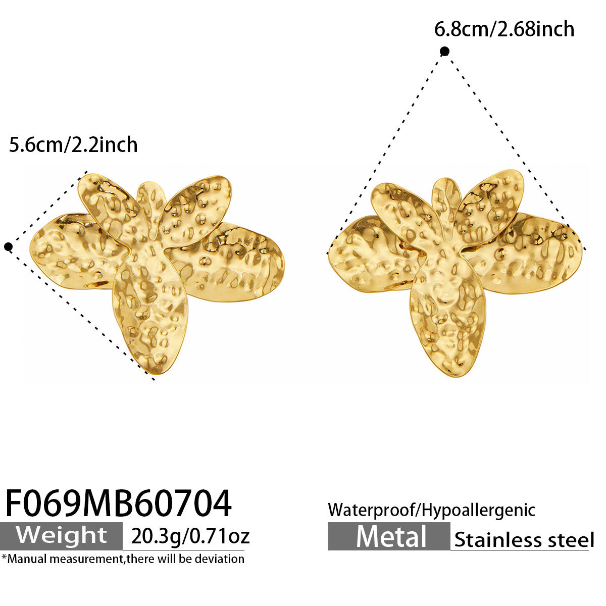 F069 gold flower earrings with hammered floral design and size specifications