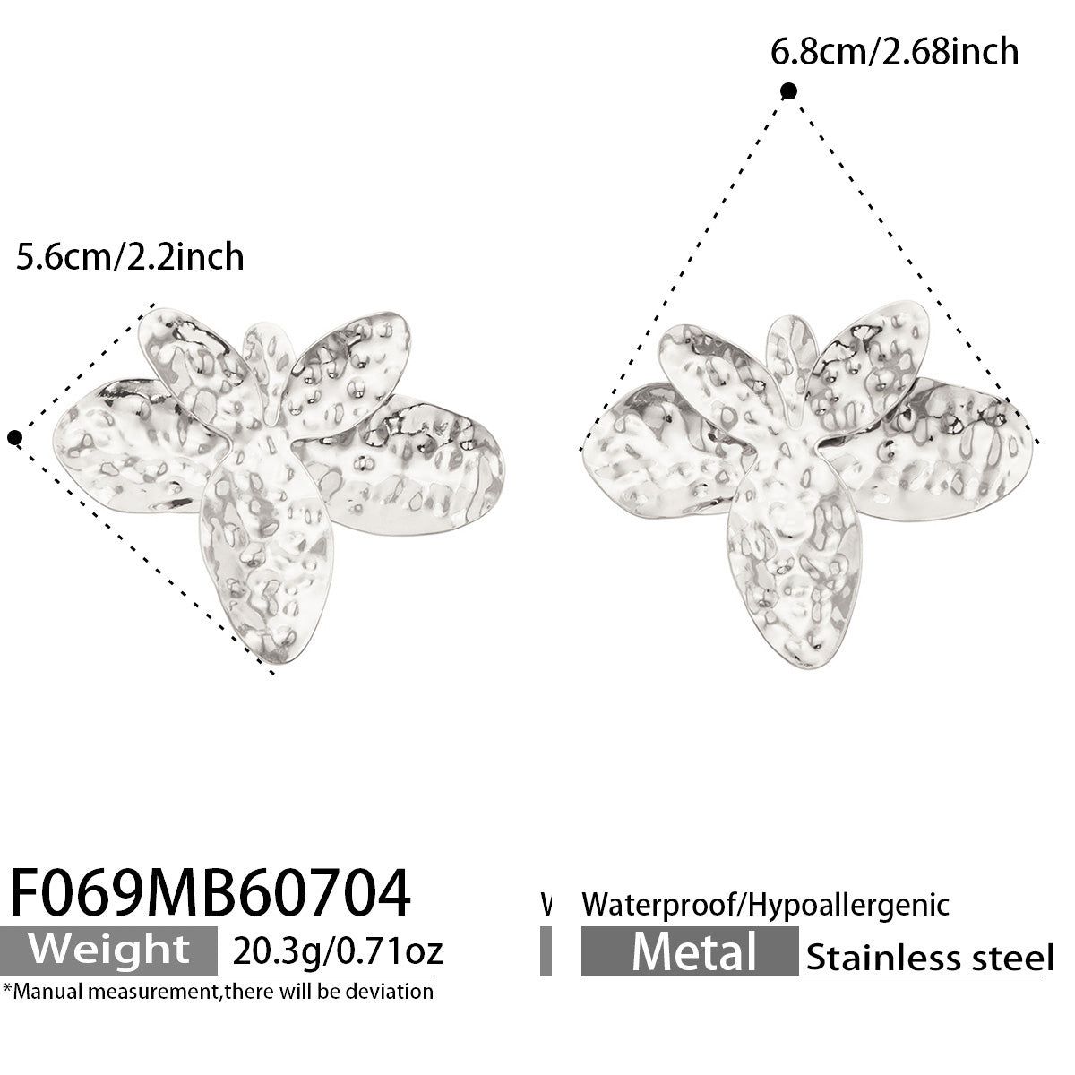 F069 steel-tone hammered flower earrings with size and weight specifications