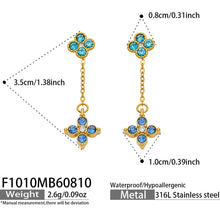 F1010 blue cubic zirconia four-leaf clover drop earrings size and detail guide