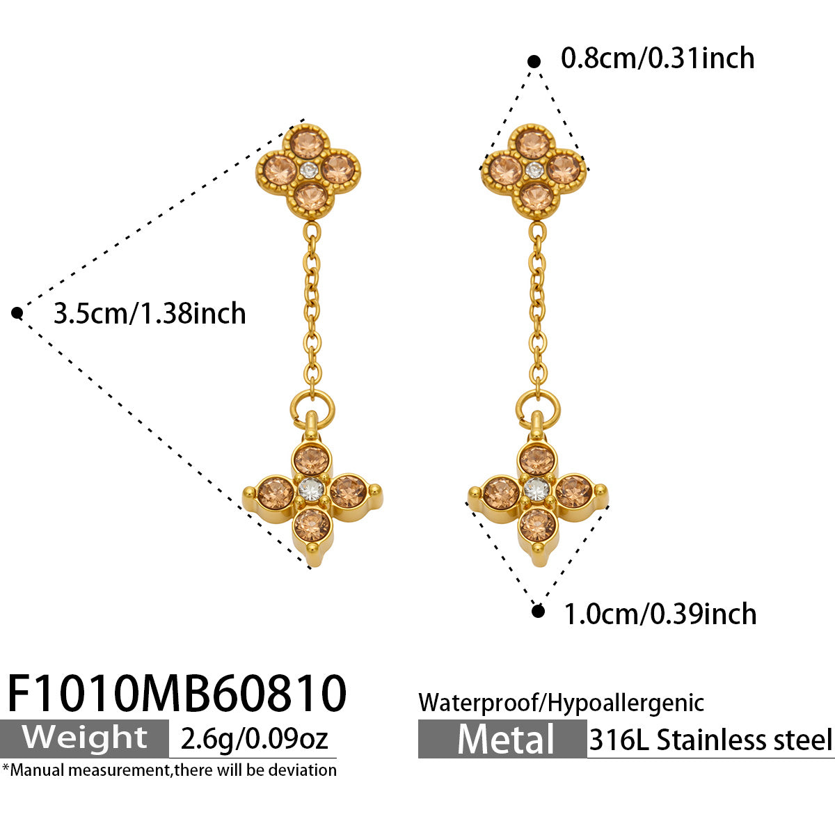 F1010 champagne cubic zirconia four-leaf clover drop earrings size and detail guide