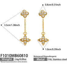 F1010 gold four-leaf clover drop earrings with clear cubic zirconia size guide