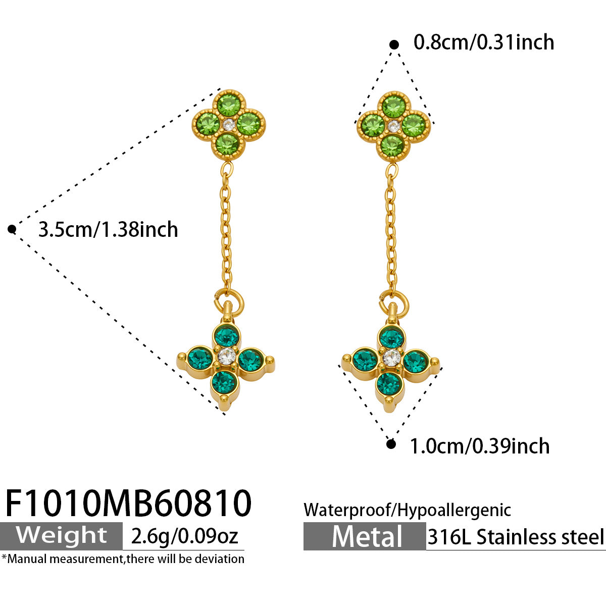 F1010 green cubic zirconia four-leaf clover drop earrings size and detail guide
