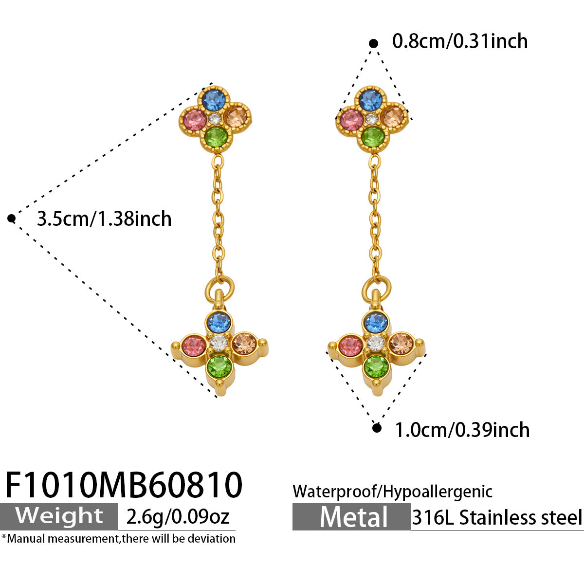 F1010 multicolor cubic zirconia four-leaf clover drop earrings size and detail guide