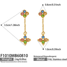 F1010 multicolor cubic zirconia four-leaf clover drop earrings size and detail guide
