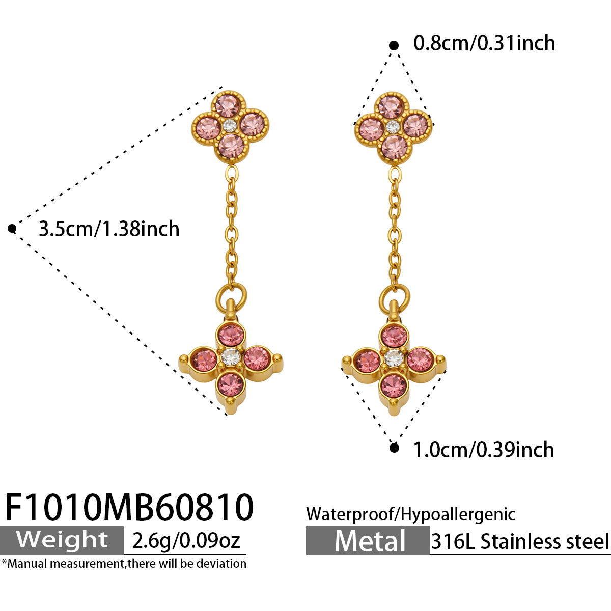 F1010 pink cubic zirconia four-leaf clover drop earrings size and detail guide