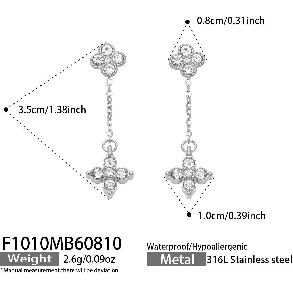 F1010 steel-tone four-leaf clover drop earrings with clear CZ size and detail guide