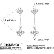 F1010 steel-tone four-leaf clover drop earrings with clear CZ size and detail guide