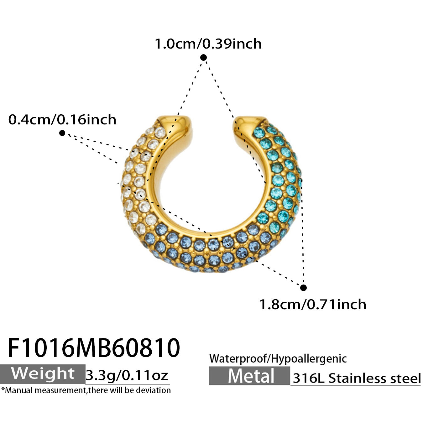 F1016 gold blue cubic zirconia ear cuff size and product detail guide