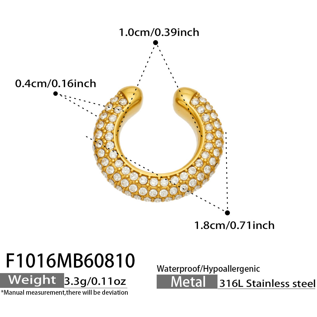F1016 gold clear cubic zirconia ear cuff size and product detail guide