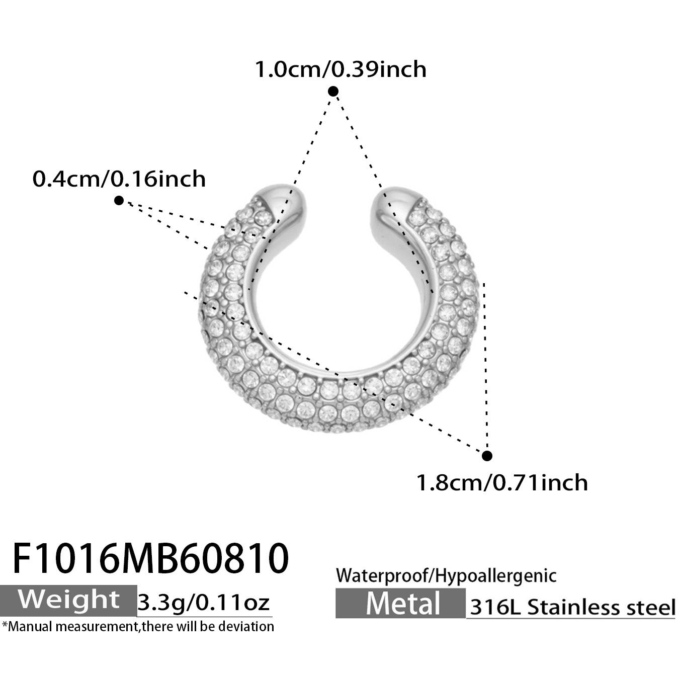 F1016 steel clear cubic zirconia ear cuff size and product detail guide