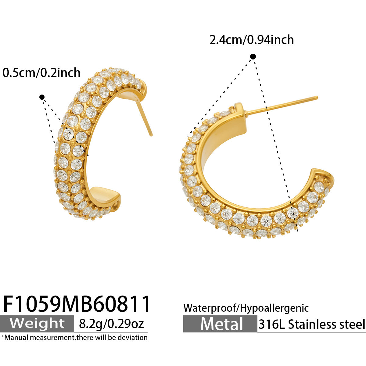 F1059 gold C-shaped cubic zirconia hoop earrings size and product detail guide