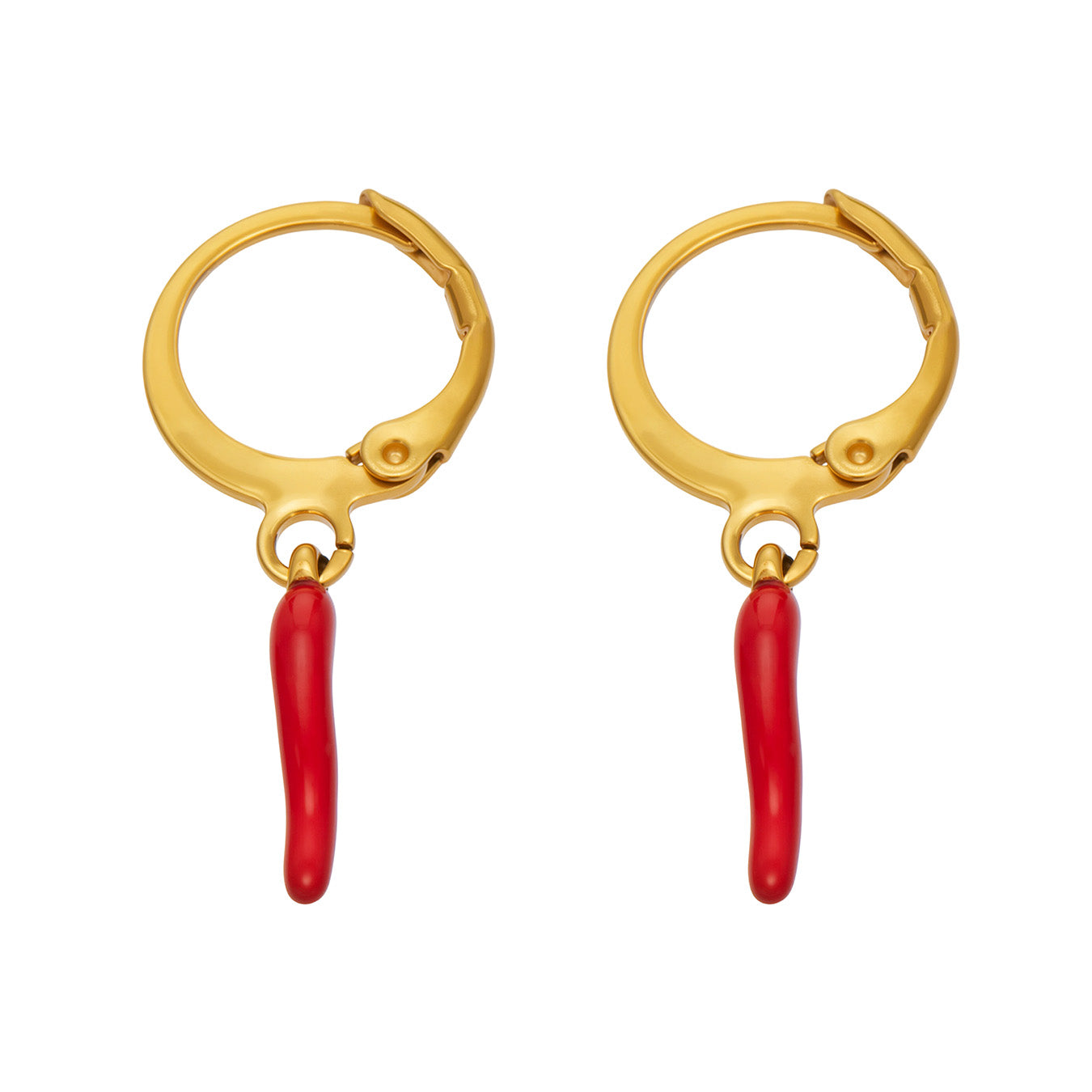 F1096 red chili pepper charm huggie earrings in 316 stainless steel with PVD gold finish