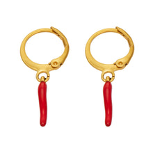F1096 red chili pepper charm huggie earrings in 316 stainless steel with PVD gold finish