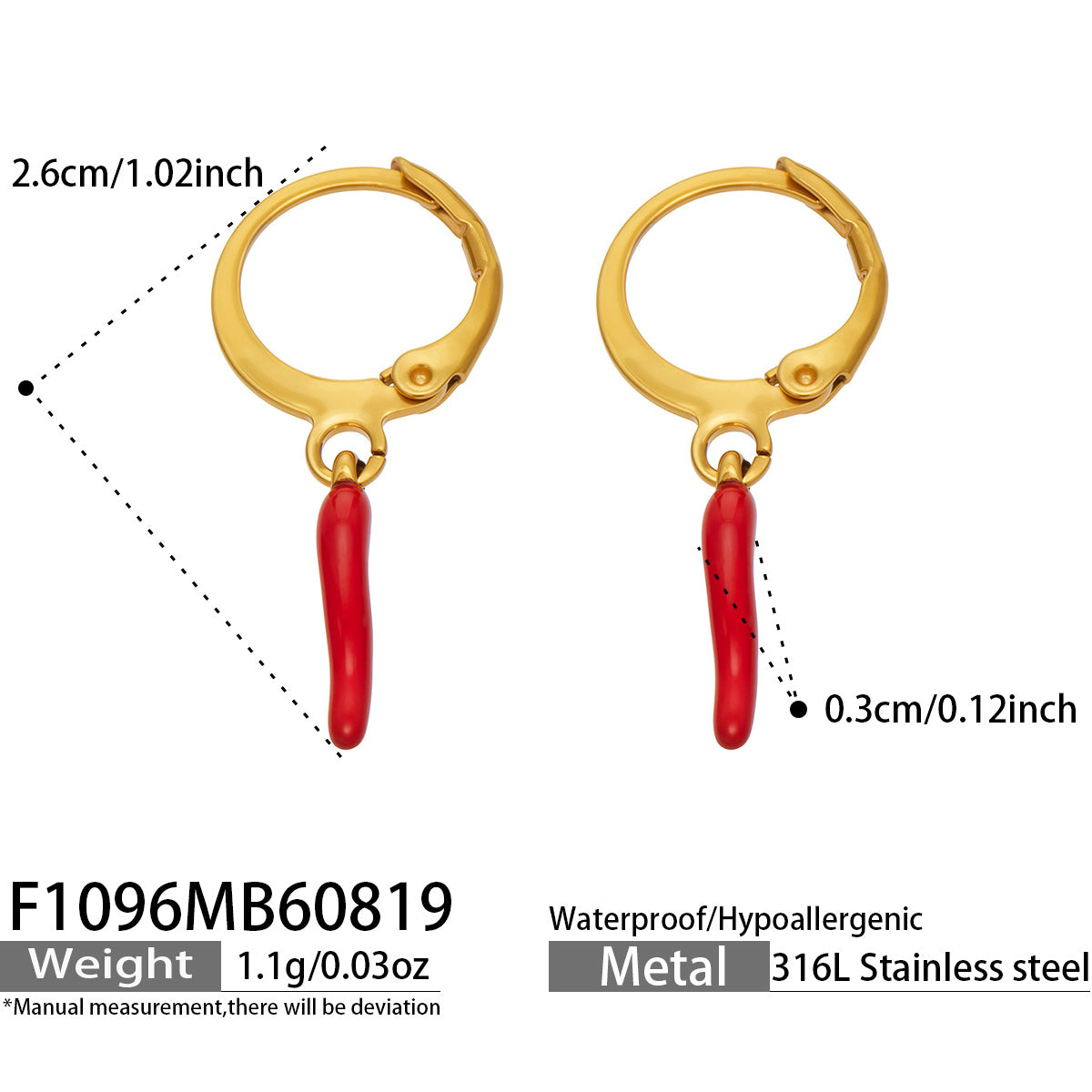 F1096 red chili pepper charm huggie earrings size and product detail guide