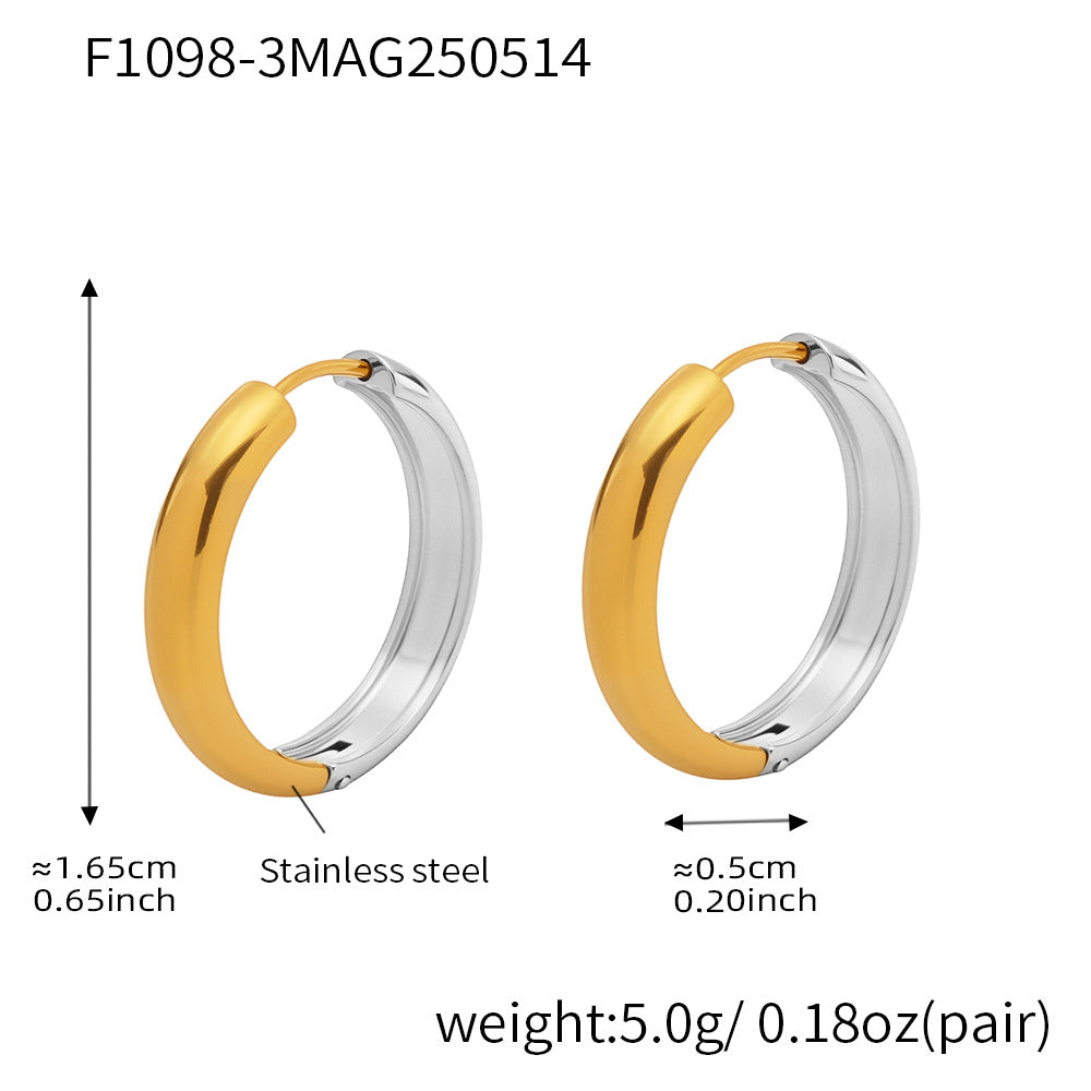 Two-tone gold and steel stainless steel hoop earrings measuring approximately 16.5 mm in outer diameter and 5 mm wide, weighing 5.0 g per pair