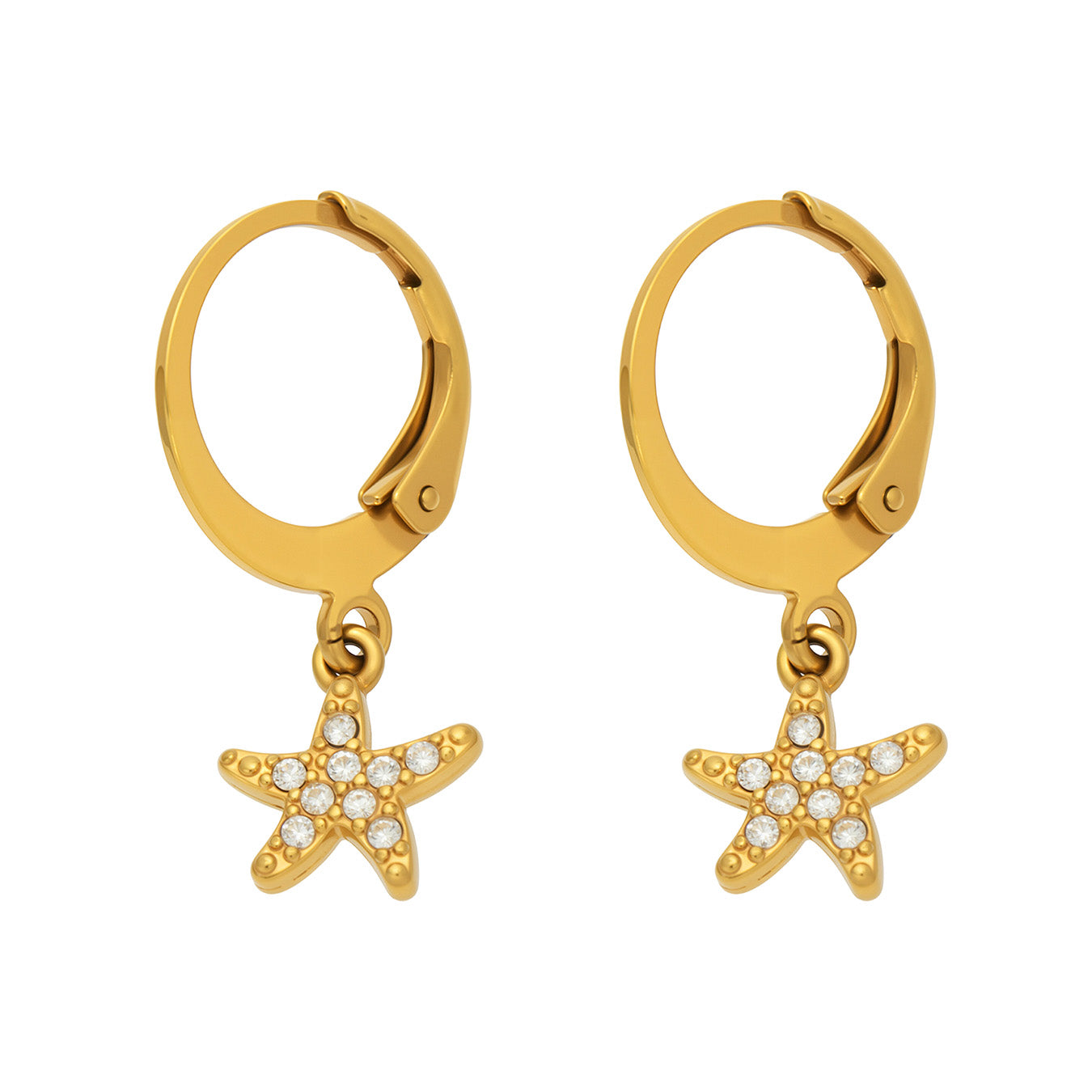 F1104 zirconia starfish charm huggie earrings in 316 stainless steel with PVD gold finish