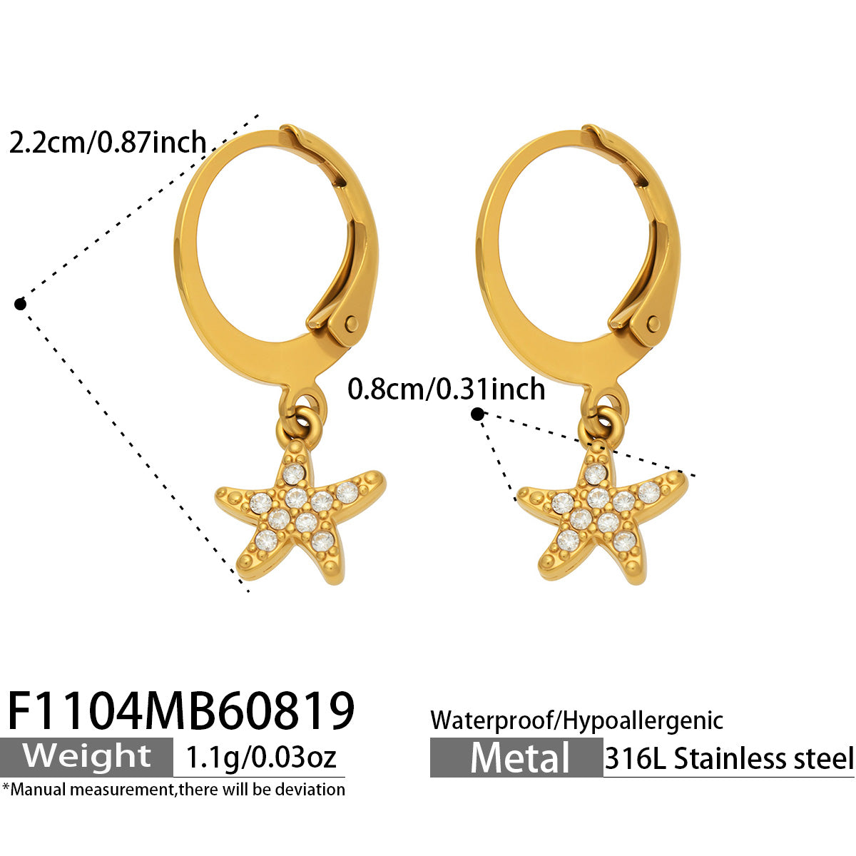 F1104 zirconia starfish charm huggie earrings size and product detail guide