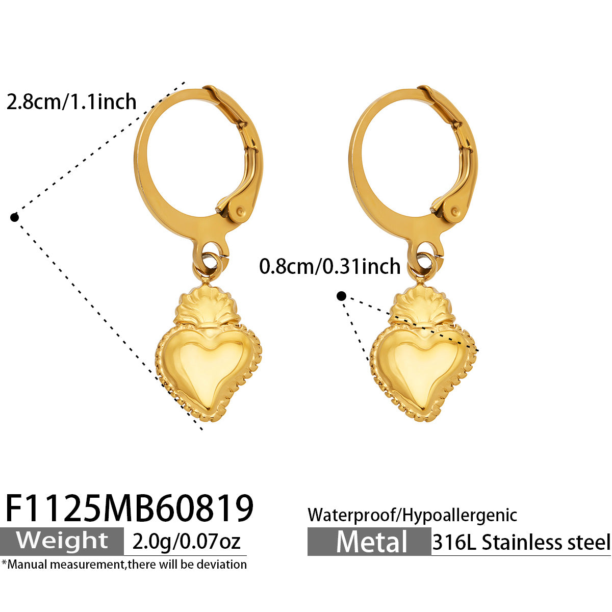F1125 gold heart charm huggie earrings size and product detail guide
