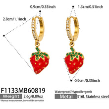 F1133 gold PVD strawberry charm huggie earrings size and product detail guide