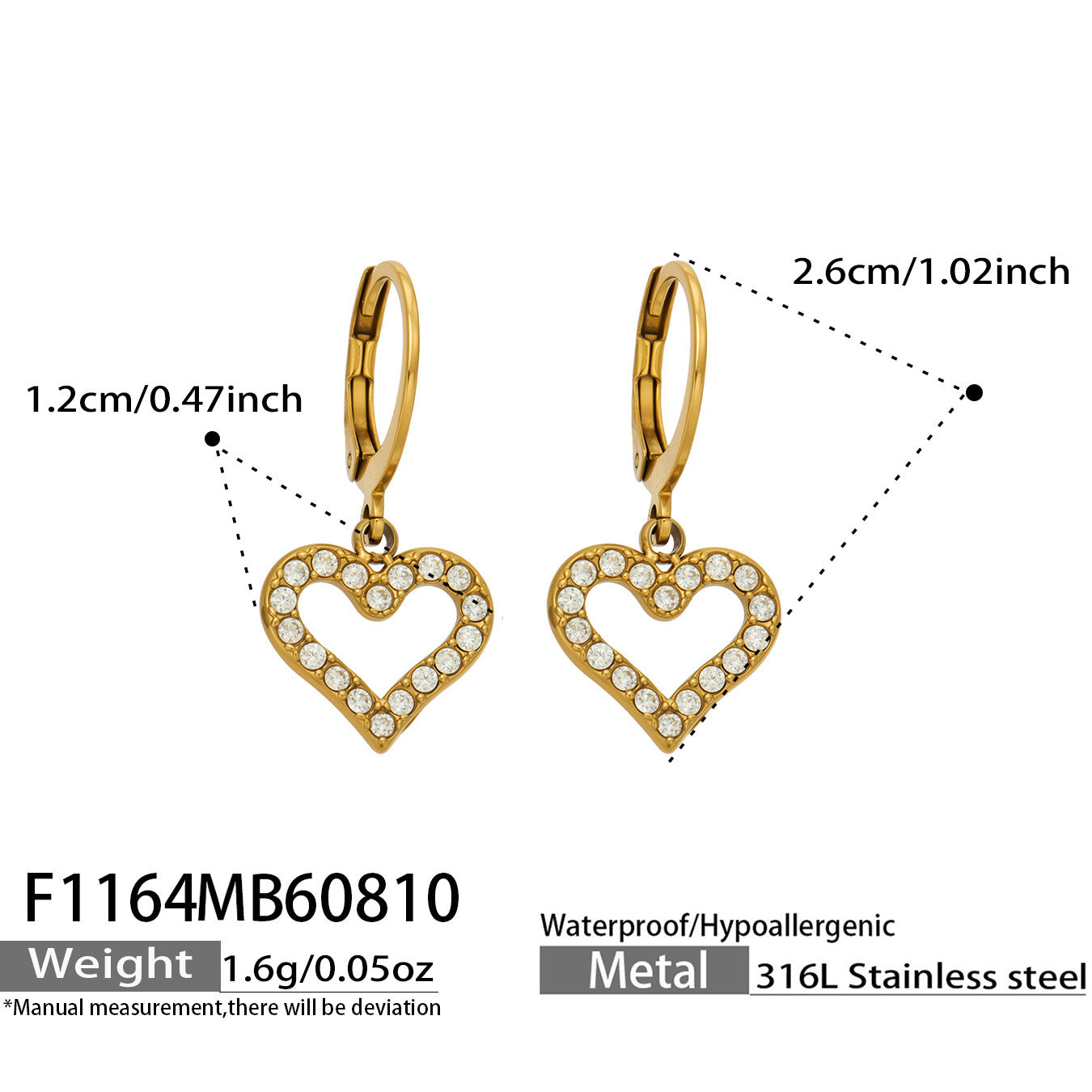 F1164 double heart cubic zirconia drop earrings size and product detail guide