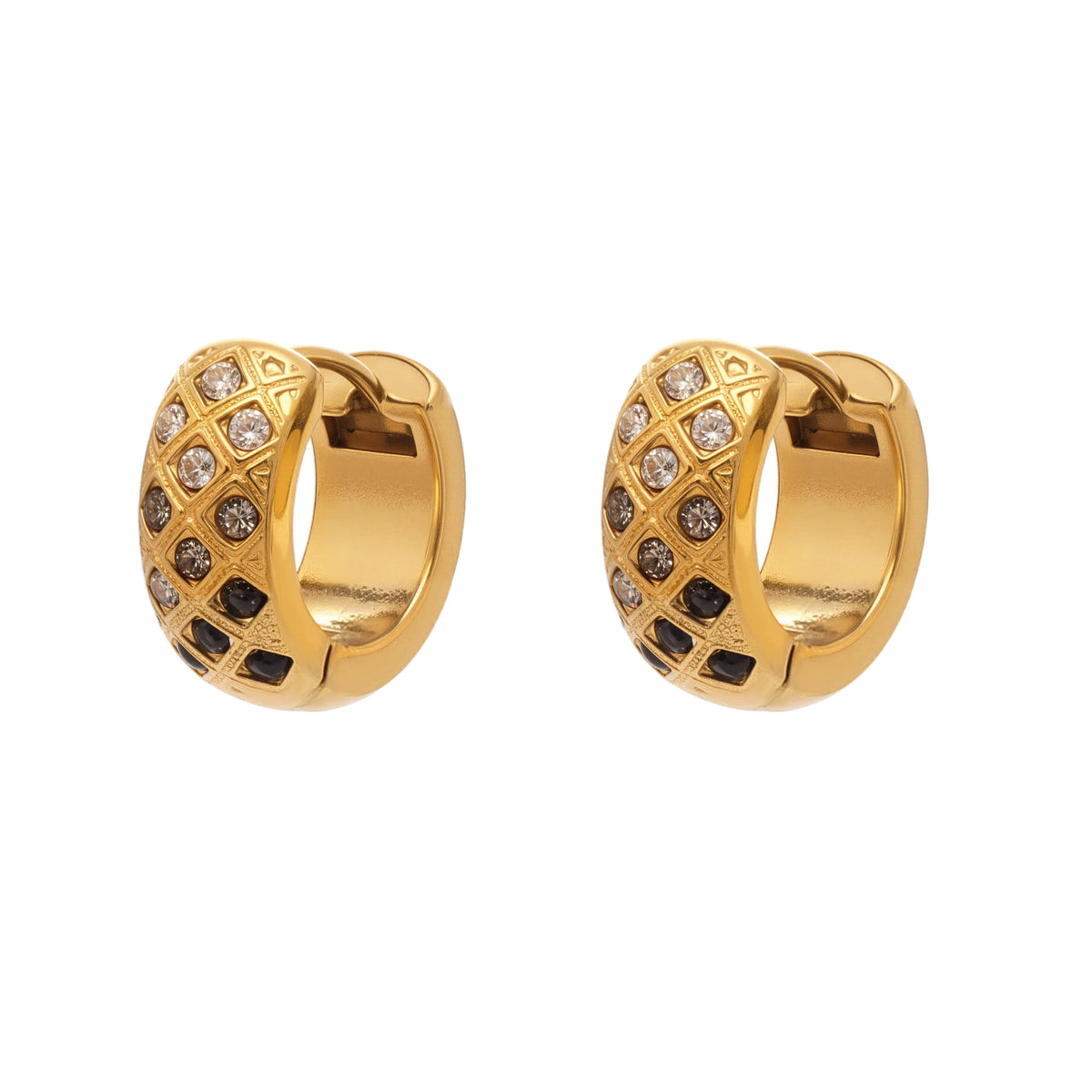 Close-up of a gold-tone CZ lattice hoop pair showing the polished inner surface and dark gradient stones.