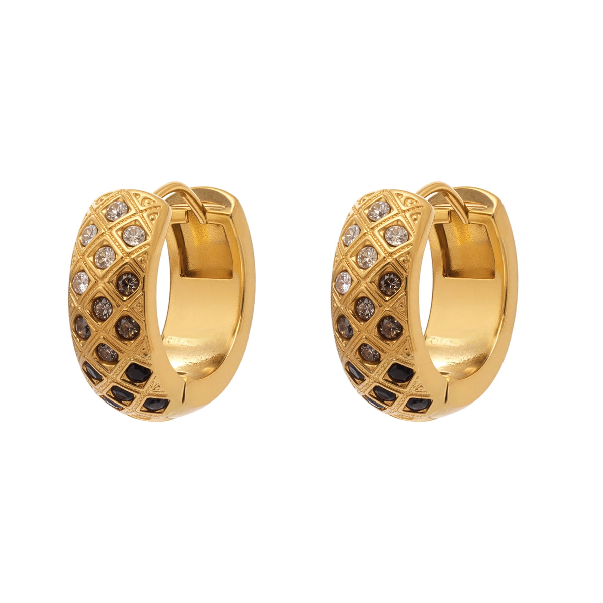 Gold-tone lattice hoop earrings with clear-to-black gradient CZ stones, shown as a pair.