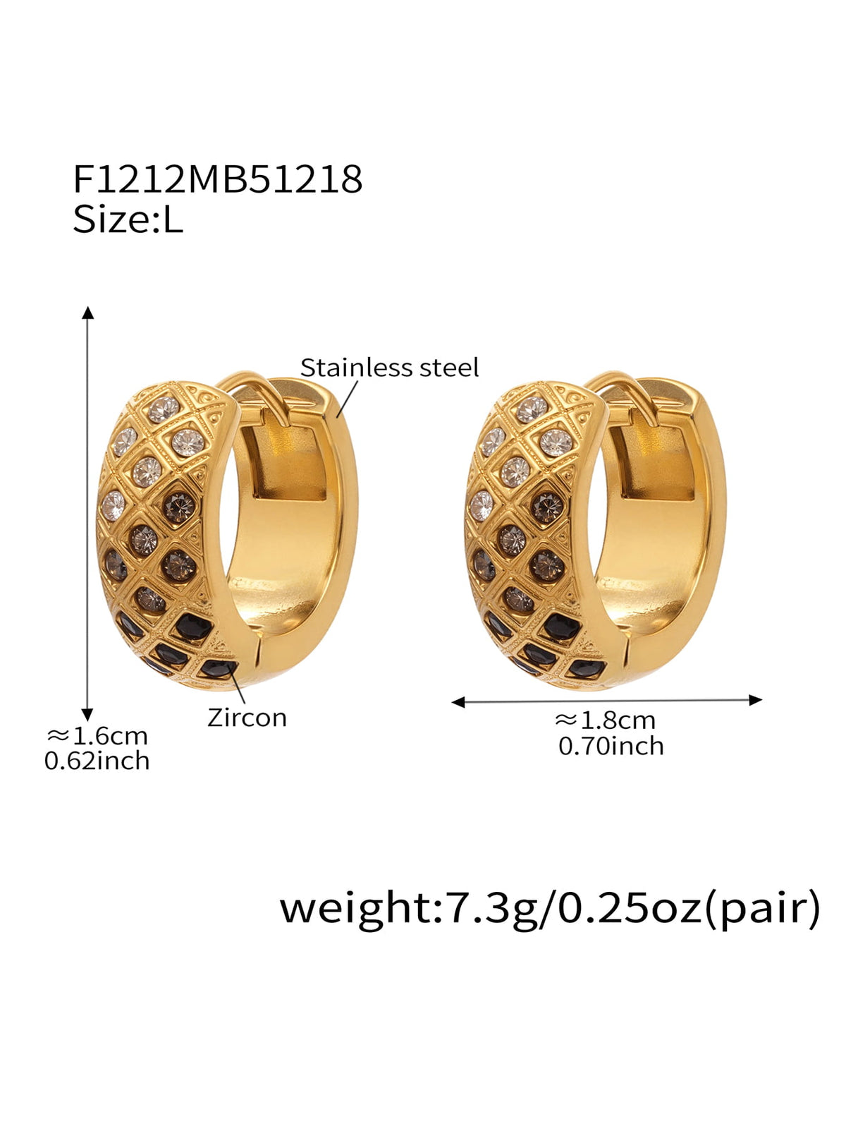 F1212 gold-tone black CZ lattice hoop earrings, size L; diagram shows approximately 16 by 18 mm and 7.3 g per pair.