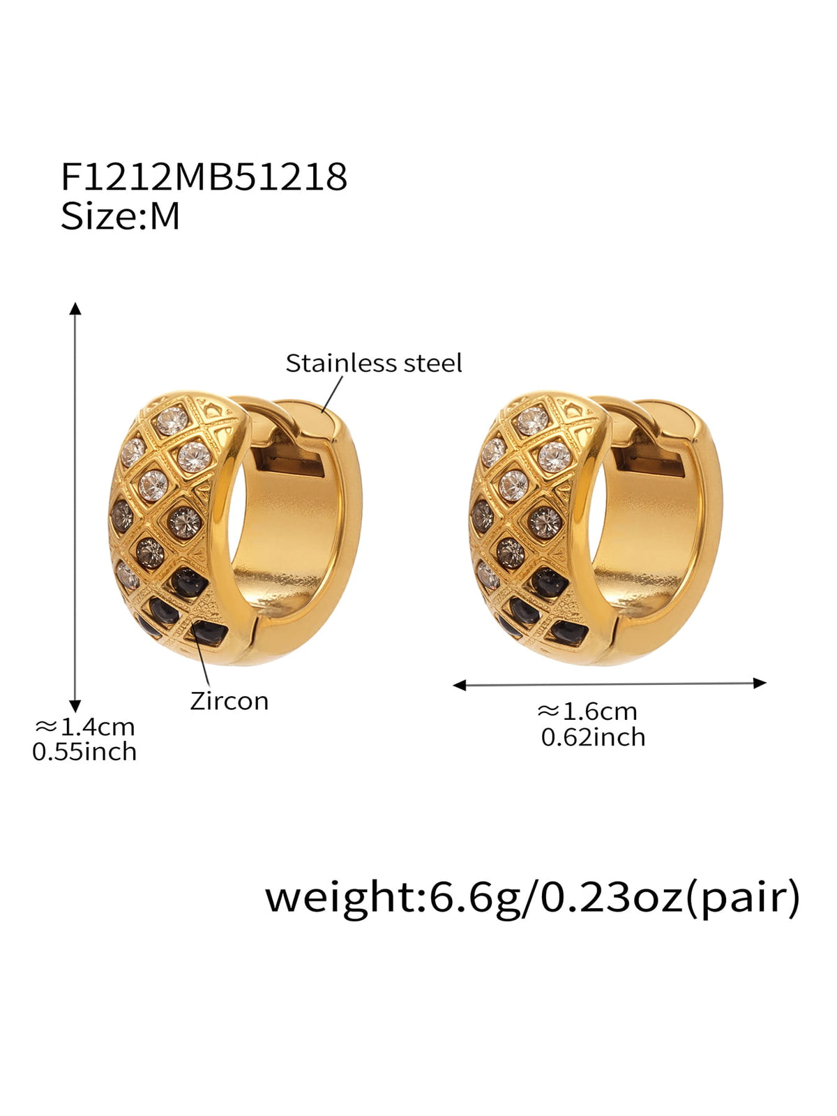 F1212 gold-tone black CZ lattice hoop earrings, size M; diagram shows approximately 14 by 16 mm and 6.6 g per pair.